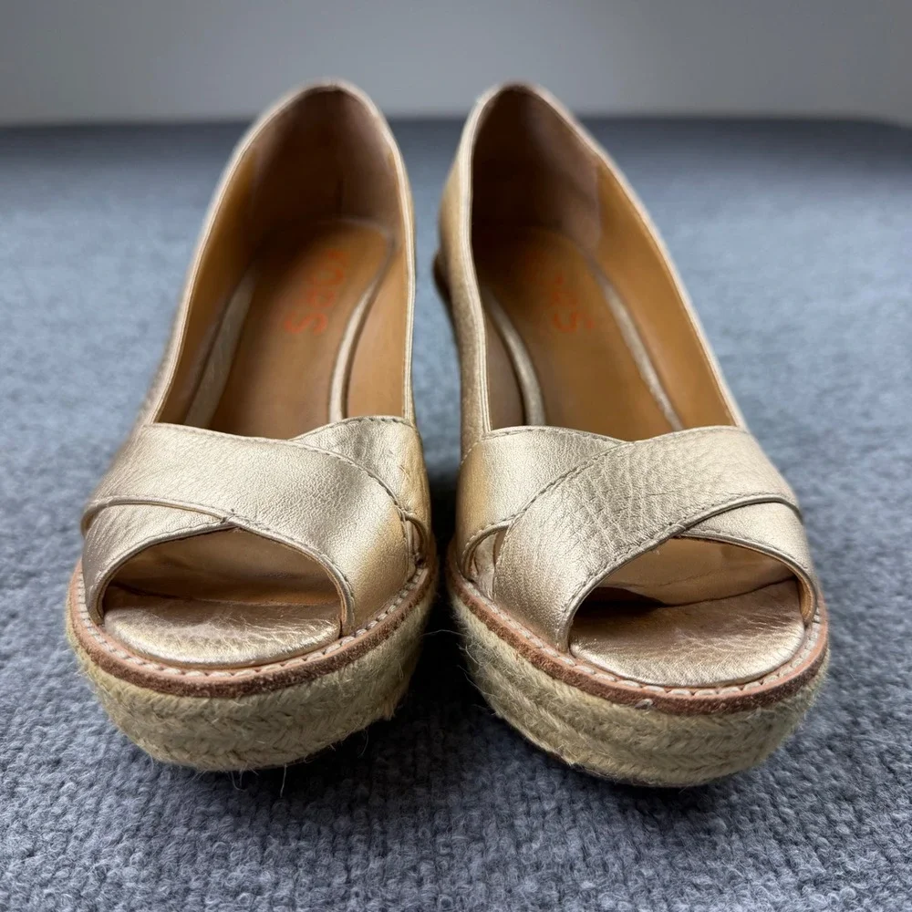 Michael Kors Gold Leather Espadrille Wedge Sandals Peep Toe Platform 6.5M